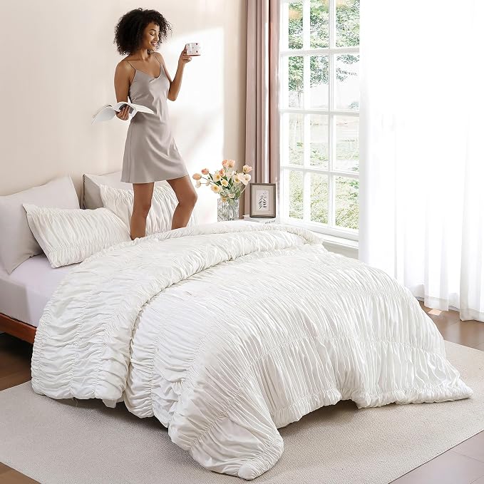 weigelia Cream Comforter Set King – Textured Ruched Cream Ivory King Comforter - Image 7
