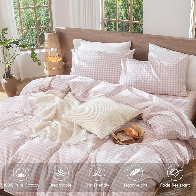 MooMee Gingham Duvet Cover Set 100% Washed Cotton Linen Like Textured - Image 4