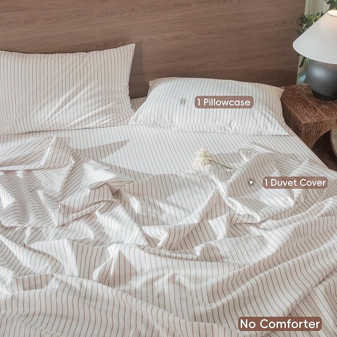 MooMee Striped Duvet Cover Set 100% Washed Cotton Linen Like Textured - Image 2