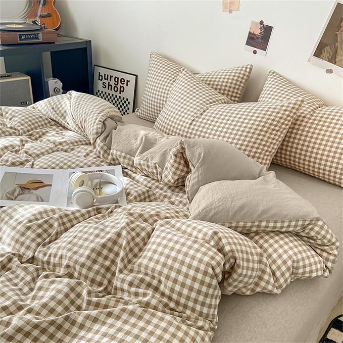 Nayoroom Gingham Duvet Cover Full Size Brown Tan Plaid Checkered Comforter - Image 3