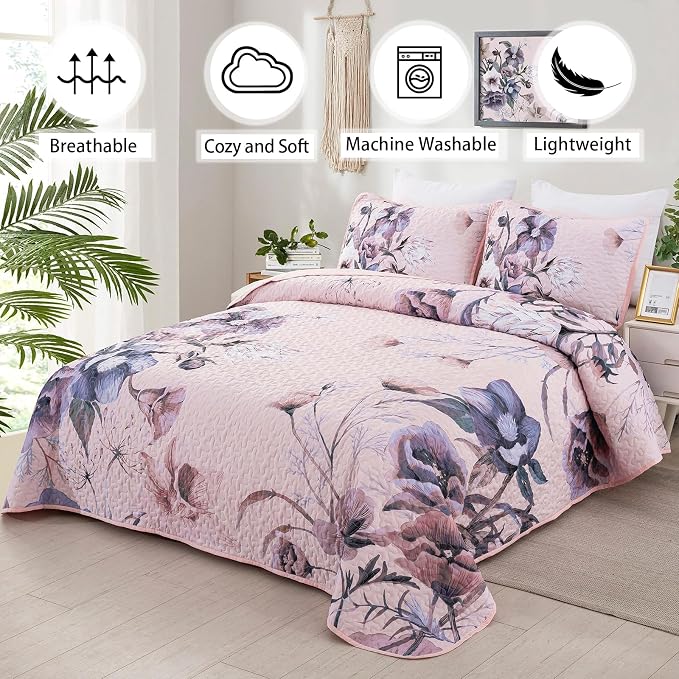 Floral Quilt Set Queen 3 Pieces Pink Floral Quilt Coverlet Set Soft Microfiber - Image 2