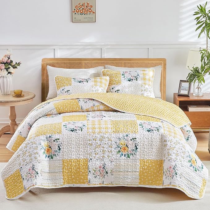 Joyreap 3 Pieces Patchwork Quilt Set California King, 102x114 inches- Yellow n by Joyreap