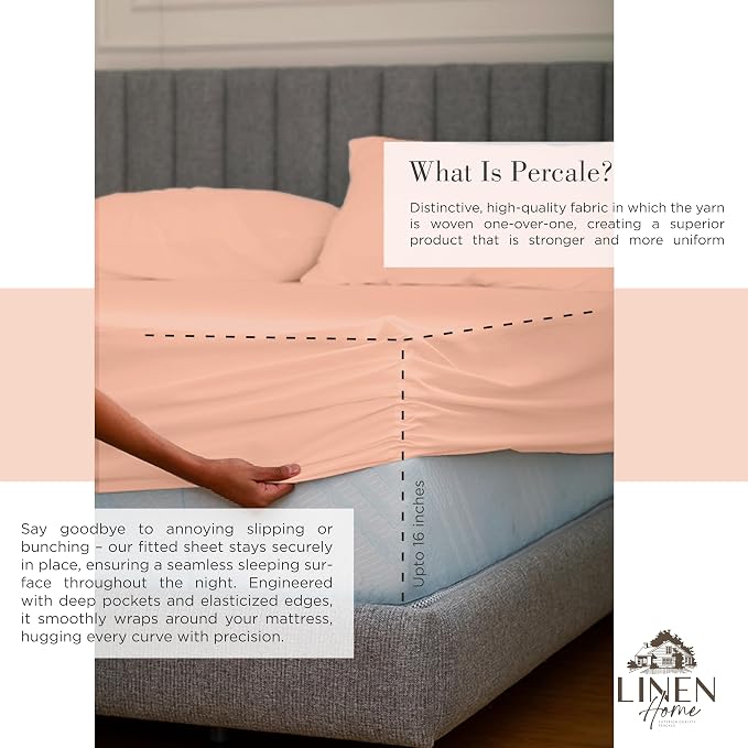 Linen Home 100% Cotton Percale Sheets Twin XL Size, Tropical Peach, Deep Pocket - Image 4