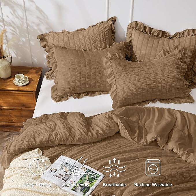 JOLLYVOGUE Twin Size Comforter Set, 2 Pieces Oak Brown Seersucker Lightweight - Image 2