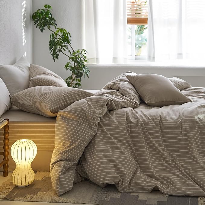 MooMee Striped Duvet Cover Set 100% Washed Cotton Linen Like Textured - Image 3