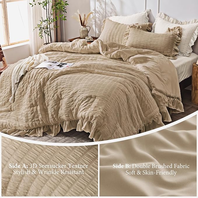 JOLLYVOGUE Full Size Comforter, 3 Pieces Khaki Seersucker Lightweight Full Size - Image 5
