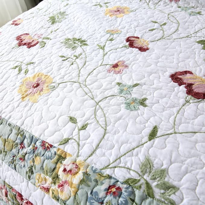 ROOMLIFE Quilt Set Queen Size 3D Floral Embroidery Pattern 3-Piece Cotton - Image 6
