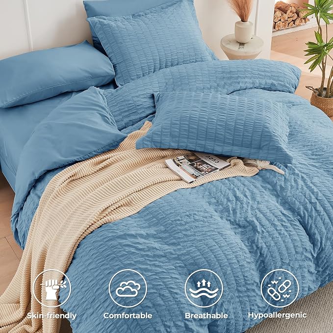 HYMOKEGE Mineral Blue Full Size Comforter Sets Seersucker 7 Pieces, All Season - Image 3