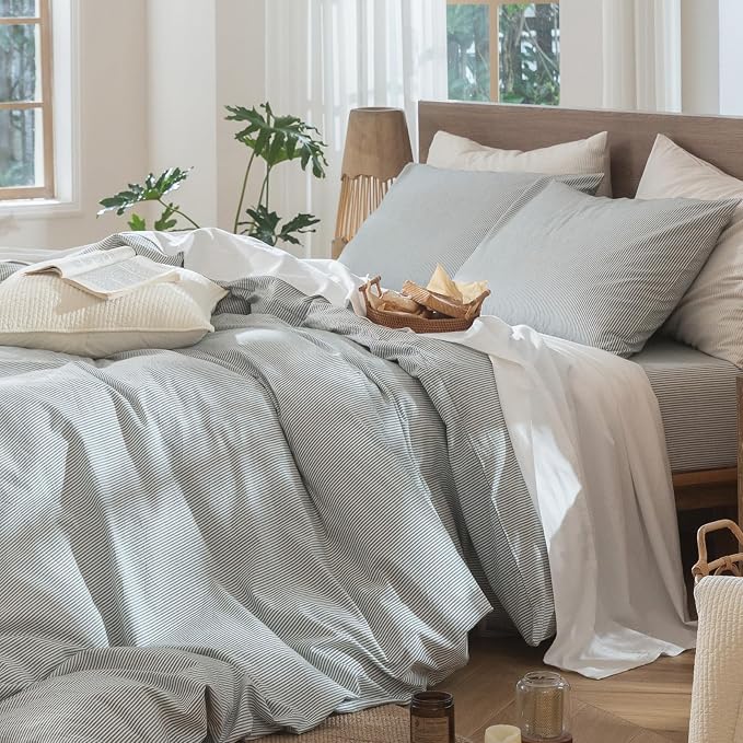 MooMee Striped Duvet Cover Set 100% Washed Cotton Linen Like Textured - Image 8