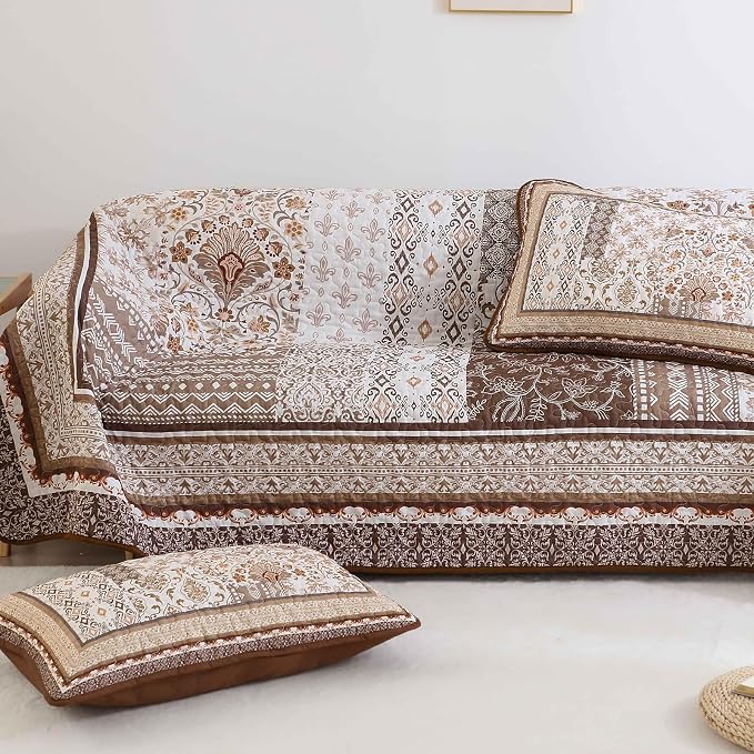 WONGS BEDDING Brown Quilt Set King Size, Boho Floral Pattern Bedspread Coverlet - Image 8