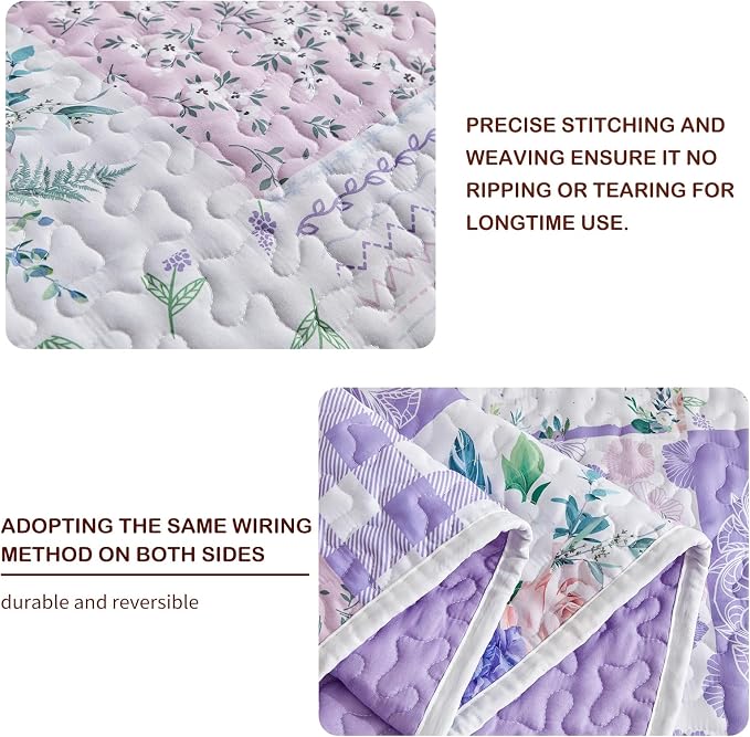 Joyreap 3 Pieces Floral Quilt Set Queen, Patchwork Purple n Pink Flowers Design - Image 4