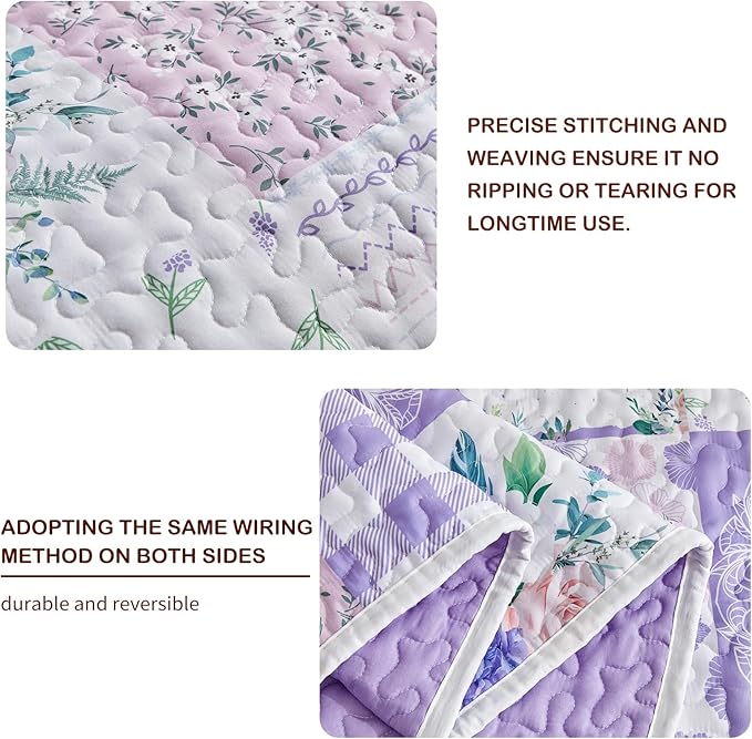 Joyreap 3 Pieces Floral Quilt Set King, Patchwork Purple n Pink Flowers Design - Image 4