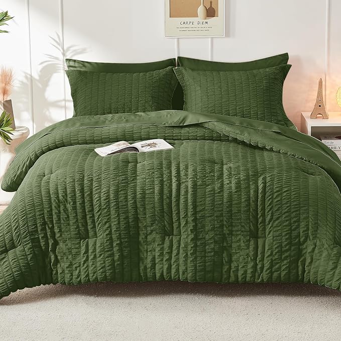 HYMOKEGE Olive Green California King Comforter Set Seersucker 7 Pieces - Image 9