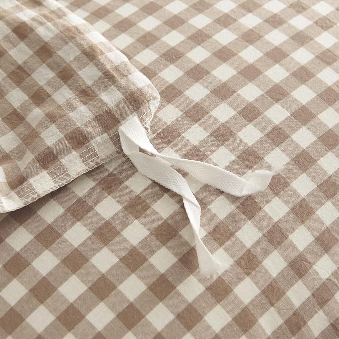 Nayoroom Gingham Duvet Cover King Size 100% Washed Cotton Brown Tan Plaid - Image 6