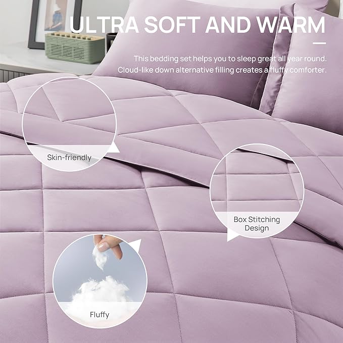 Love's cabin Queen Comforter Set Light Purple, 7 Pieces Queen Bed in a Bag - Image 5