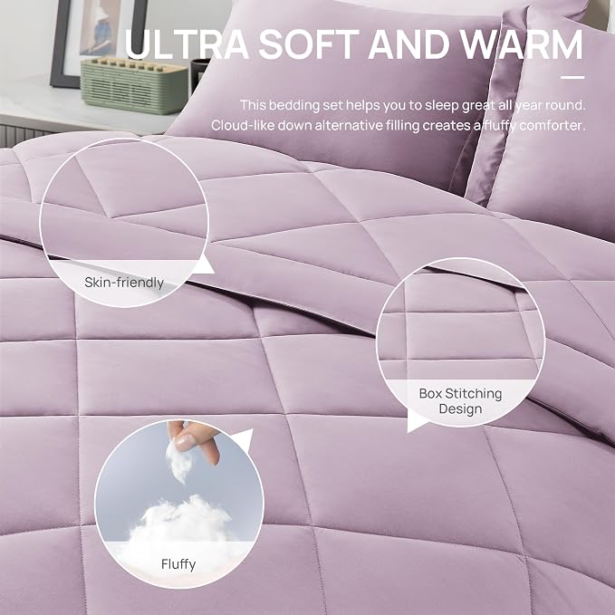 Love's cabin King Size Comforter Set Light Purple, 7 Pieces King Bed in a Bag - Image 5