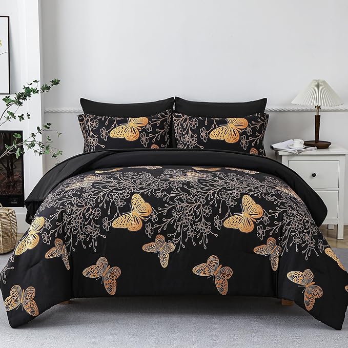 Yogeneg 5 Piece Bed in a Bag Twin Size Comforter Set Black Bedding Set by YOGENEG