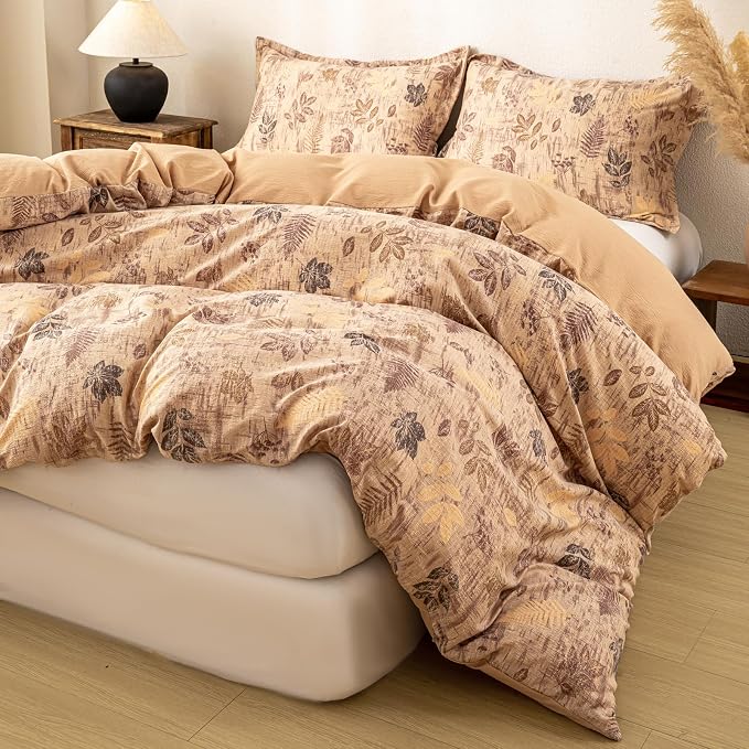 OAITE Brown Leaves Queen Size Duvet Cover-3 Pieces Prewashed Cotton-Like - Image 2