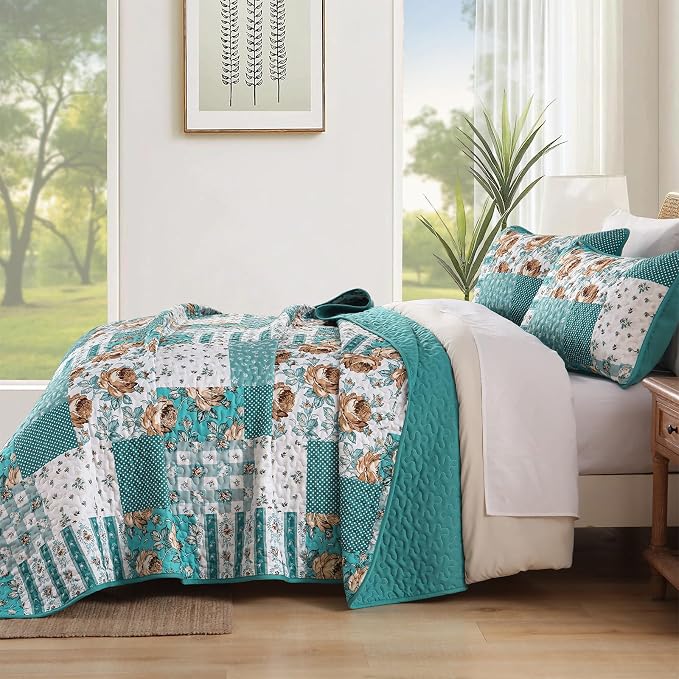 Anibedding Teal Quilt Set King Size Patchwork Floral Bedspread Coverlet - Image 3