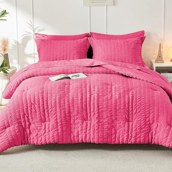 HYMOKEGE Hot Pink Queen Comforter Set Seersucker 7 Pieces, All Season Luxury - Image 9
