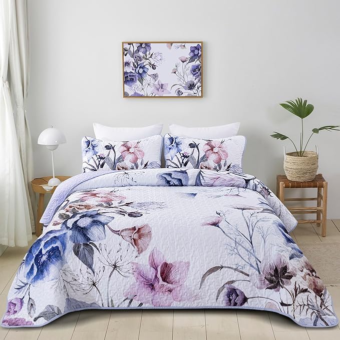 Floral Quilt Set Queen 3 Pieces Light Blue Floral Quilt Coverlet Set Soft by DRUCON