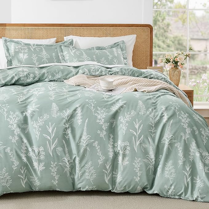 MUXHOMO Duvet Cover Full Size, Reversible Floral Green Duvet Cover Set by MUXHOMO