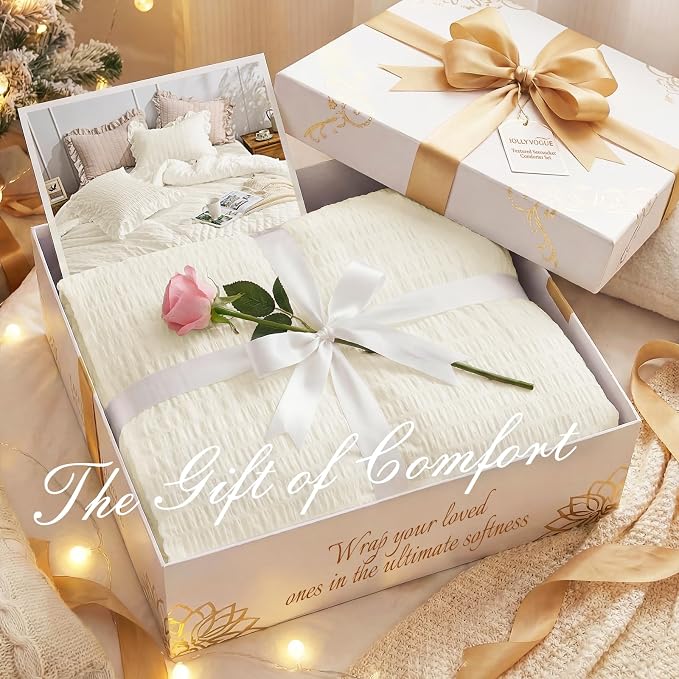 JOLLYVOGUE Ivory Comforter Full Size, 3 Pieces Seersucker Lightweight Full Size - Image 9