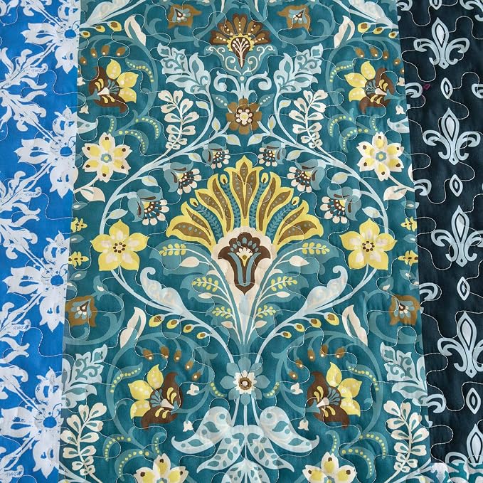 WONGS BEDDING Teal Quilt King Size, 3 Pieces Boho Patchwork Quilt Soft Coverlet - Image 5