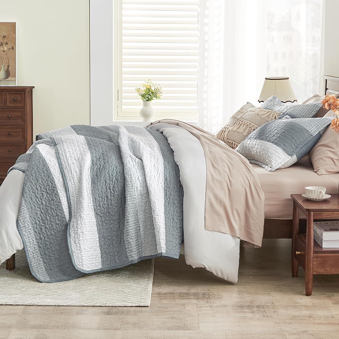 Andency Grey Striped Quilt King, 3 Pieces Patchwork Bedspread Coverlet Set - Image 3