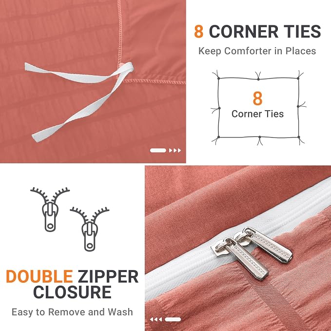HYMOKEGE Coral Red Duvet Cover Queen Size, Ultra Soft 3-Piece Seersucker Duvet - Image 4