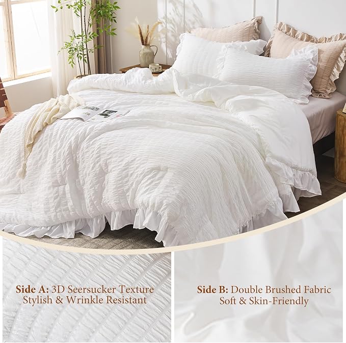JOLLYVOGUE White Comforter Full Size, 3 Pieces Seersucker Lightweight Full Size - Image 5