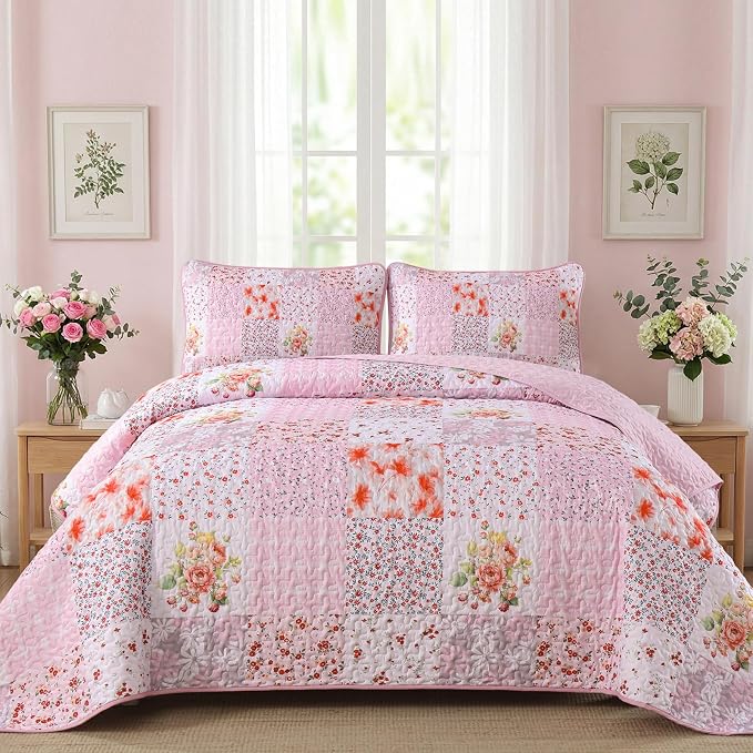 Mybedsoul Patchwork Quilts Queen Size, Soft Pink Boho Floral Queen Bedspreads by Mybedsoul