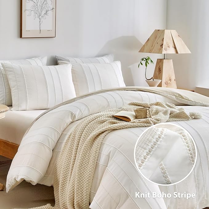 WARMDERN Khaki Striped Weave Duvet Cover King Size, Microfiber Textured Bedding - Image 2