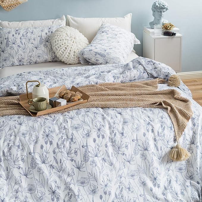 SUSYBAO Blue White Flower Duvet Cover King 100% Cotton 3 Pcs Set 1 Vintage Navy - Image 2