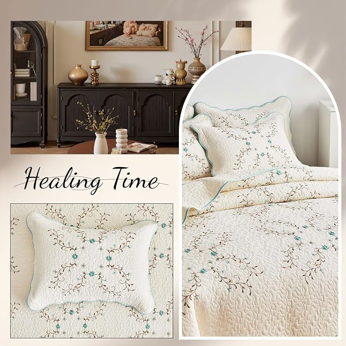 ROOMLIFE Quilt Set King Size 3D Floral Embroidery Pattern 3-Piece Cotton - Image 7
