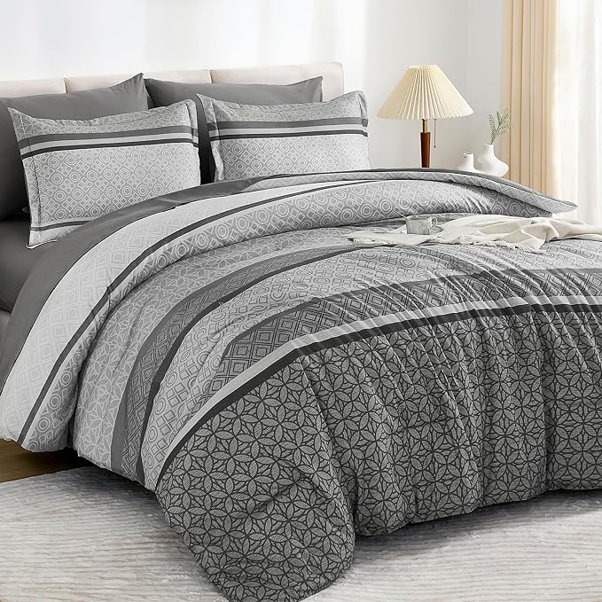 WONGS BEDDING Grey Comforter Set King Size, 7 Pieces Striped Bed in a Bag - Image 3