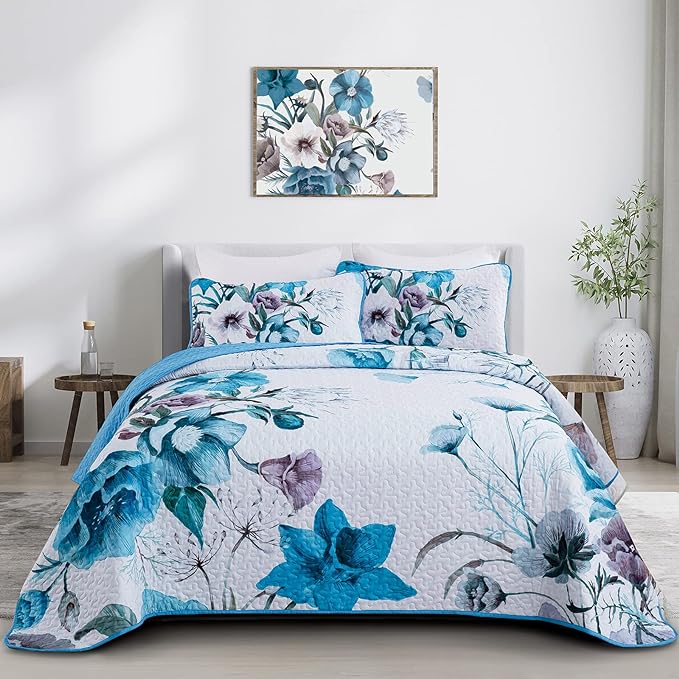 Floral Quilt Set King 3 Pieces Boho Blue Floral Quilt Coverlet Set Soft by DRUCON