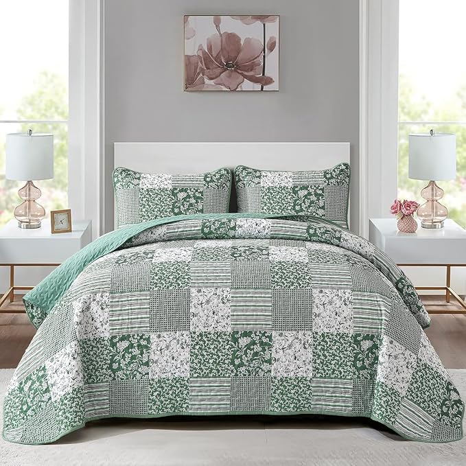 Mybedsoul Green Quilt Set Full Size, 3 Pieces Plaid Floral Bedspread Set by Mybedsoul