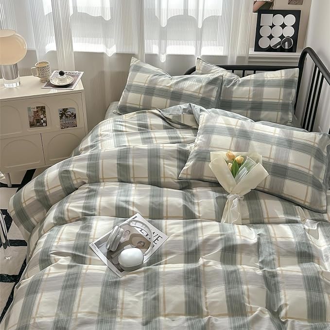 mixinni Green Grid Duvet Cover Set Twin - Image 2