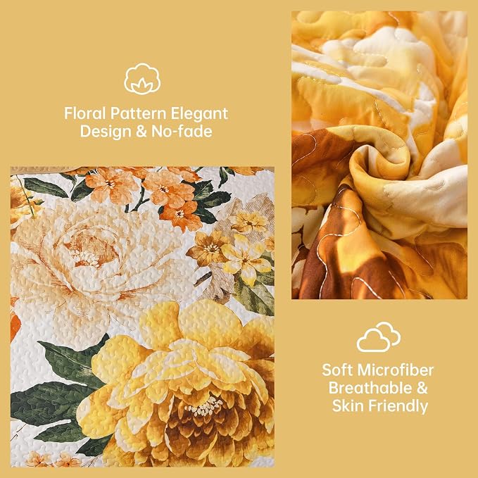 WONGS BEDDING Yellow Floral Quilt Set King, 3 Pieces Reversible Lightweight - Image 4