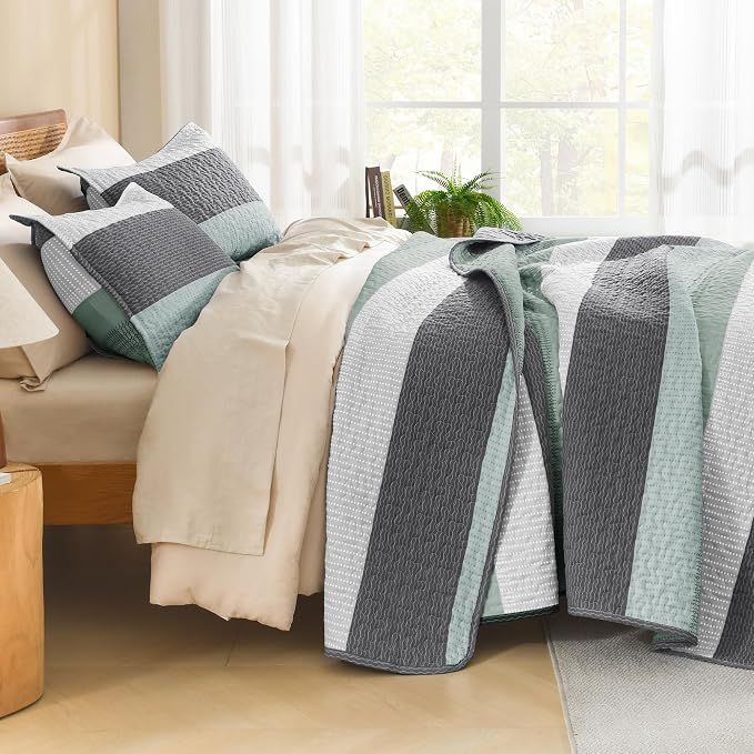 Litanika Oversized King Quilt Set Sage Green, 128x120 Stripe Bedspread Coverlet - Image 2