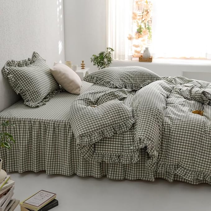 mixinni Green Gingham Ruffle Duvet Cover Queen Size 3 Pieces – 100% Washed - Image 4