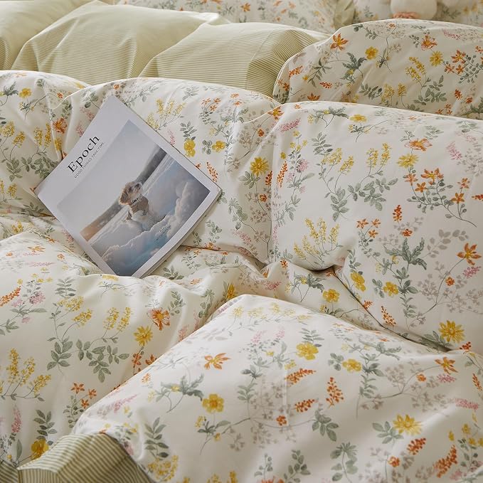 mixinni 100% Cotton Duvet Cover Set Twin, Reversible Spring Floral Ruffle Green - Image 7
