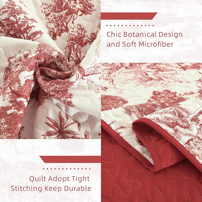WONGS BEDDING Botanical Quilt Set King Size, Christmas Red 3 Pieces Floral - Image 5