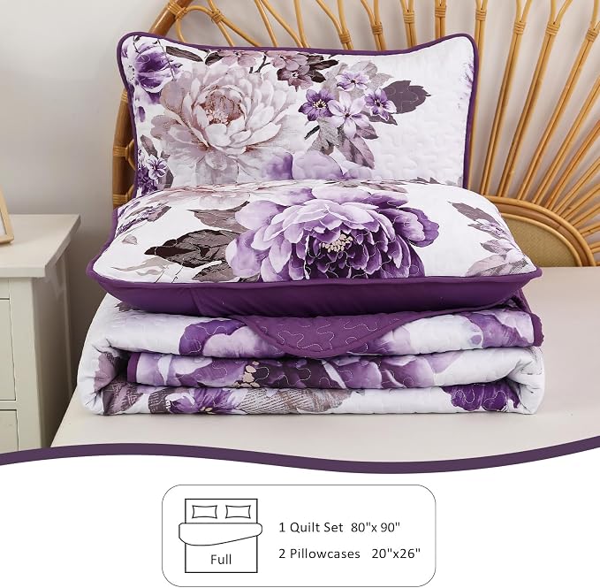 WONGS BEDDING Floral Quilt Set Purple Full, Quilted Printed Lightweight - Image 7