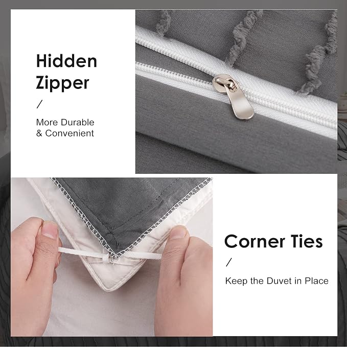 WARMDERN Gray Boho Duvet Cover Set Queen Size, Striped Textured Duvet Cover - Image 5