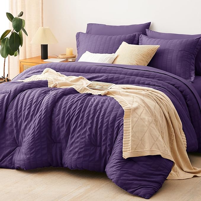 CozyLux King Size Comforter Set Purple Seersucker 7 Pieces Bed in a Bag King by CozyLux