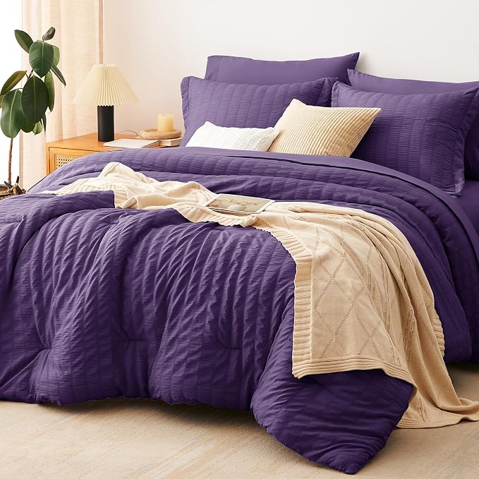 CozyLux Queen Comforter Set Purple Seersucker 7 Pieces Bed in a Bag Queen by CozyLux