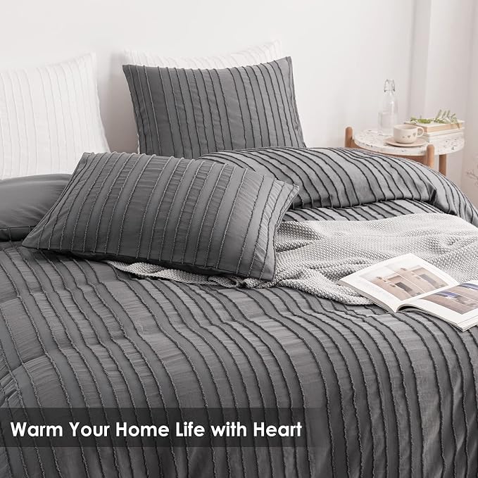 WARMDERN Gray Boho Duvet Cover Set Queen Size, Striped Textured Duvet Cover - Image 9