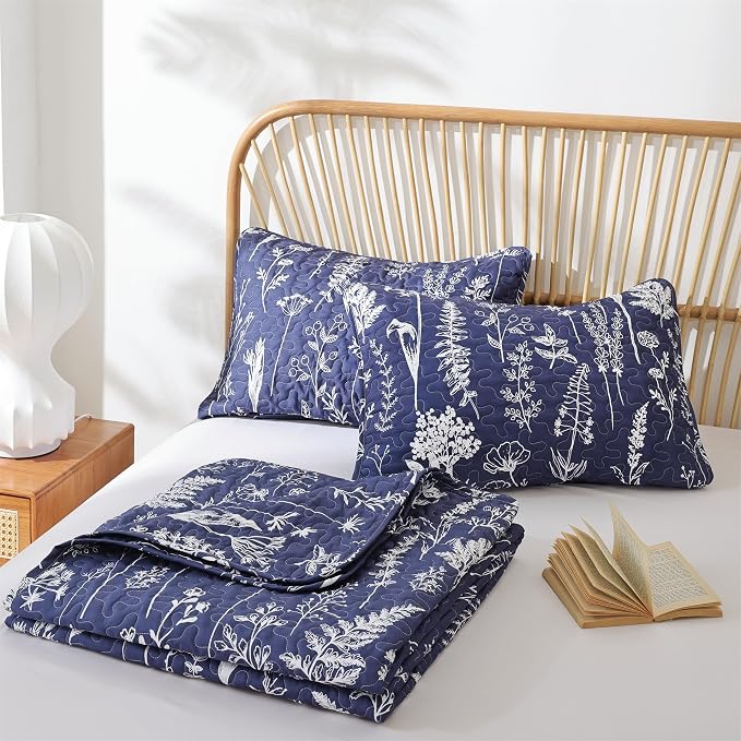 JANZAA Quilts Queen Size Navy Blue Floral Queen Quilt Bedding Set Microfiber - Image 7